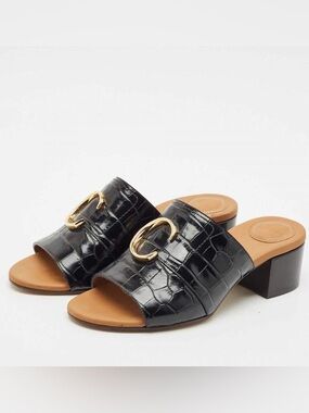 Chloé Black Croc Embossed Leather C Logo Mule Sandals Block Heel Size 37